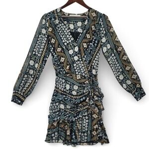 Veronica Beard Edison Silk Chiffon Dress Ruched Floral Mini Blue Boho EUC